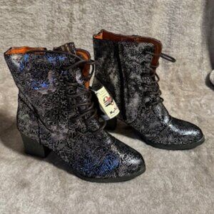 Abstract Studded Lace-up & Zipper Women's Leather Boots–US Size 8.5–New w/Tags